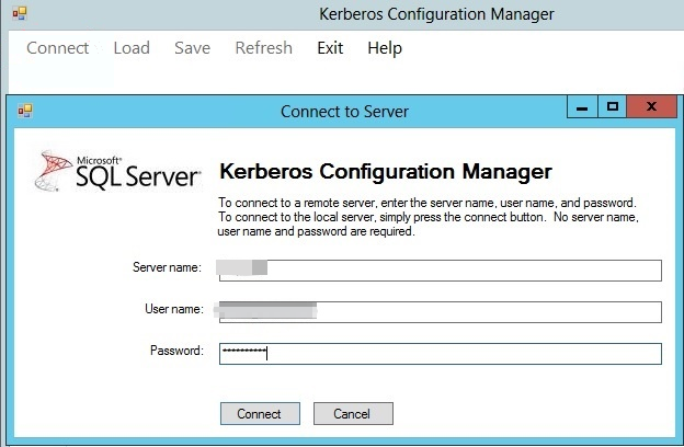 Screenshot of the Connect to Server dialog box in Kerberos Configuration manager.