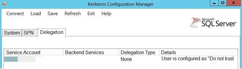 Screenshot of the Delegation tab in Kerberos Configuration manager.