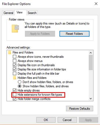 Screenshot of the File Explorer Options window.