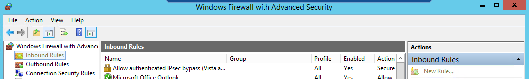 Screenshot 2 of Inbound Rules under Windows Firewall with Advanced Security.