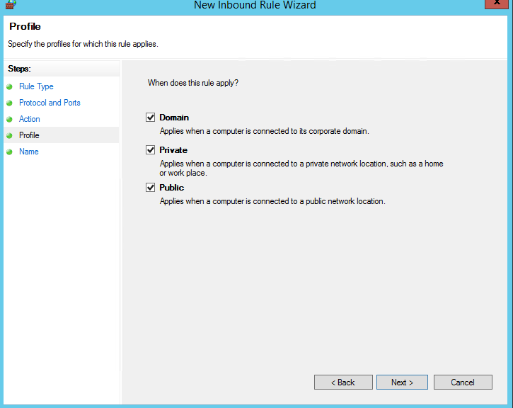 Screenshot of the Profile step of New Inbound Rule Wizard.