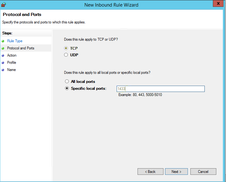 Screenshot of the Protocol and Ports step of New Inbound Rule Wizard.