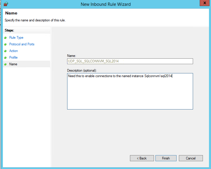 Screenshot 2 of the Name step of New Inbound Rule Wizard.