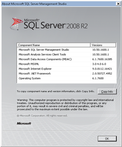 Screenshot of the About Microsoft SQL Server Management Studio window, which shows the versions of the client tools.