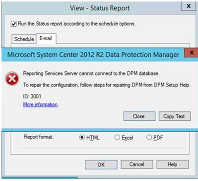 Details of the Error ID 3001 Reporting Services Server cannot connect to the DPM database.