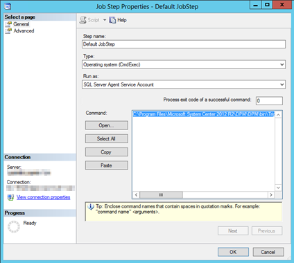 In the Job Step Properties dialog box, copy the command from the Command Prompt window.