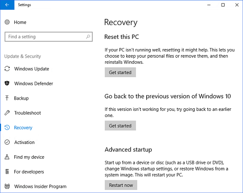 Screenshot of the Go back to the previous version option in Windows 10 Recovery.
