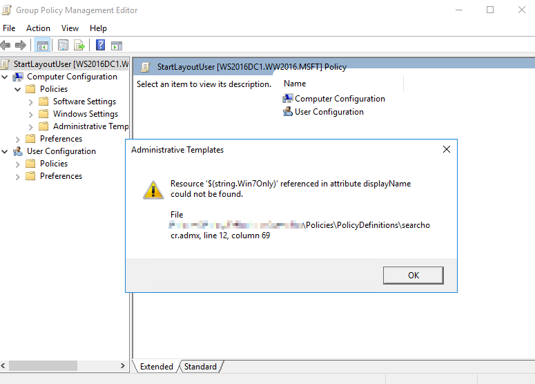 The details of the error message that's shown in the Group Policy Management Editor.