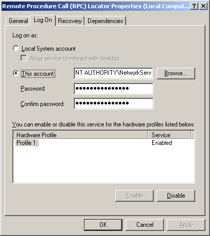 Screenshot of the Log On tab of the Remote Procedure Call (RPC) Locator Properties (Local Computer) dialog box.