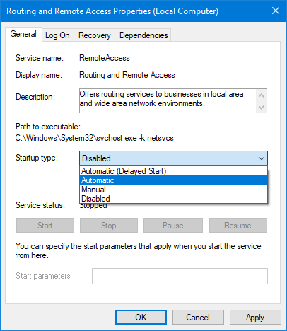 Screenshot of Startup type option under the General tab of the Routing and Remote Access Properties (Local Computer) dialog box.