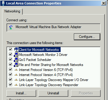 Screenshot of the Local Area Connection Properties dialog, in which the Client for Microsoft Networks item is selected.