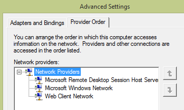 Screenshot of the Provider Order tab in the Advanced Settings window, which shows the default options of Network Providers.