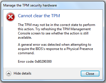 Screenshot of the Cannot clear the TPM error.