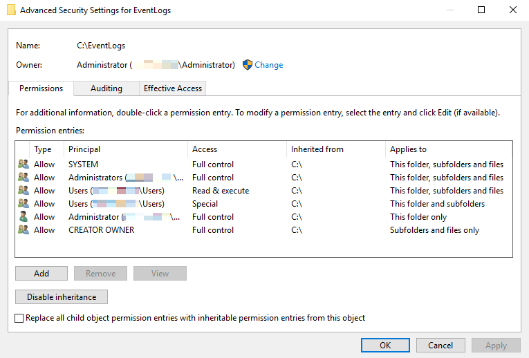 Screenshot of the Advanced Security Settings for EventLogs window.