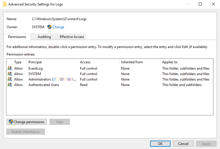 Screenshot of the Advanced Security Settings for Logs window.