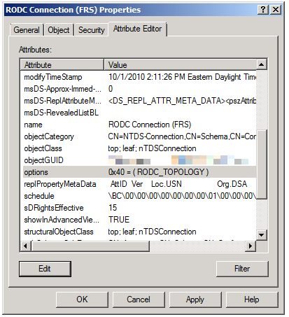Options' attribute shown in the Attribute Editor tab of the F R S properties dialog box.