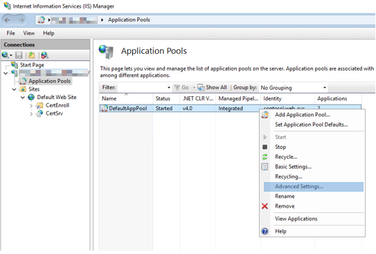 Configure Application pools Advanced Settings.