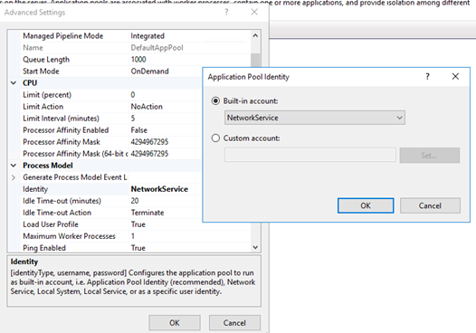 Configure the Application Pool Identity as the built-in NetworkService account.
