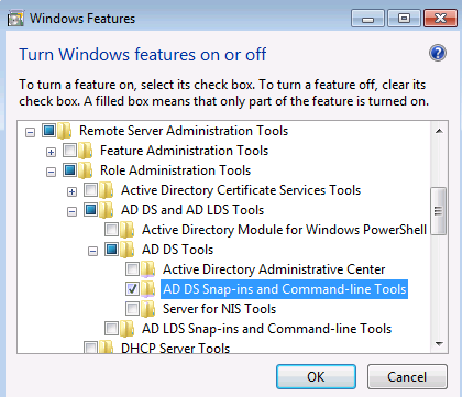 Screenshot of the Windows Features window with the AD DS Snap-ins and Command-line Tools selected.