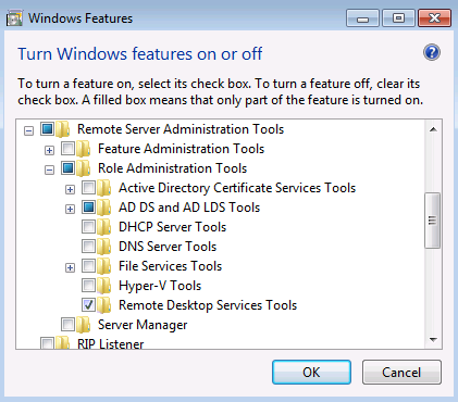 Screenshot of the Windows Features window with the Remote Desktop Services Tools selected.