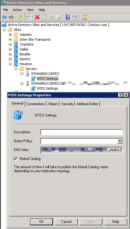 Screenshot of the Active Directory Sites and Services window with the NTDS Settings Properties window opened.