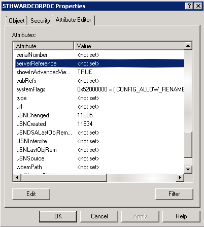 Screenshot of the 5THWARDCORPDC Properties window with the serverReference attribute selected.