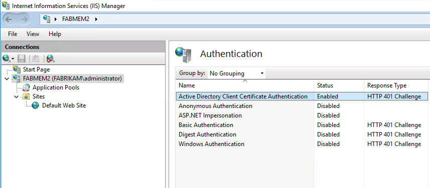 Enabling the Active Directory Client Certificate Authentication.