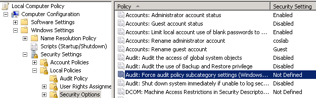 Disable Force audit policy subcategory settings policy.