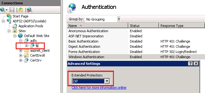 Turn on the Extended Protection option for Windows Authentication.