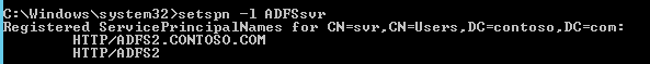 Run SETSPN -L command to list the SPNs for the A D F S service.
