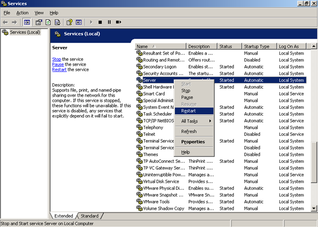 Screenshot of the Services window with Server selected, and a menu with Restart selected.