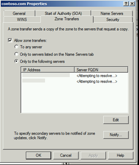 Screenshot of the properties window with zone transfer settings.