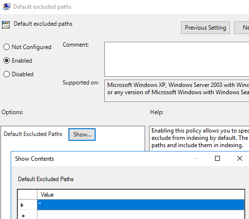 Screenshot of the Default excluded paths window with Enabled selected.