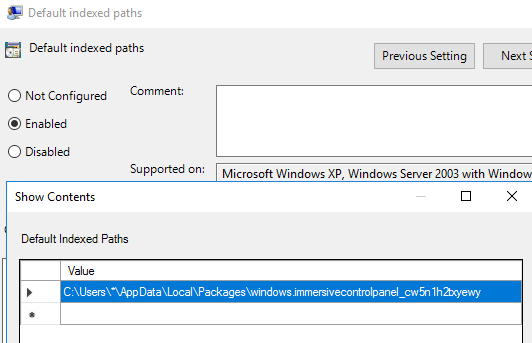 Screenshot of the Default indexed paths window with Enabled selected, and the path value is set.