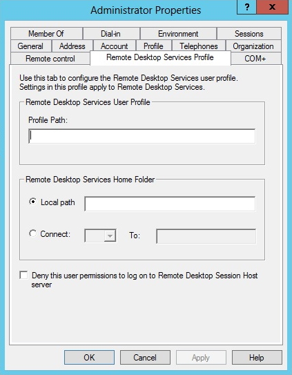Screenshot of the Remote Desktop Services Profile tab in the Administrator Properties window.