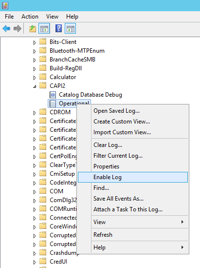 Expand CAPI2, right-click Operational, and then select the Enable Log option.