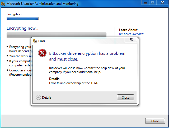 Details of the BitLocker drive encryption has a problem and must close error.