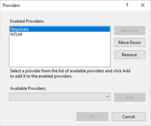 Screenshot of the Providers window showing the Enabled Providers includes Negotiate.