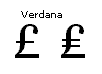 Screenshot that shows the pound sterling and lira characters in Verdana.