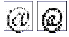 Pixels for the at-sign outline with gaps, and improved pixels for an adjusted outline