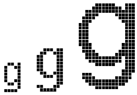 The raster bitmaps for lowercase g are shown at three sizes.