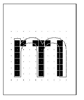 pixels against the outline for lowercase letter m with two gaps
