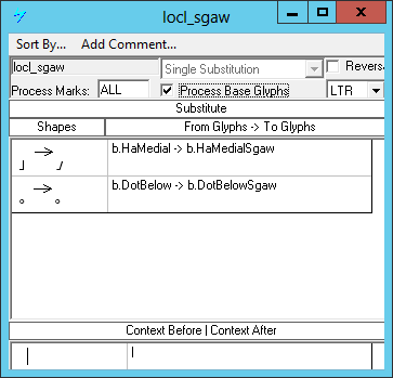 Screenshot of a dialog in Microsoft VOLT for specifying single glyph substitutions. Certain default glyphs are shown being substituted by alternate glyphs used for the Sgaw Karen language.