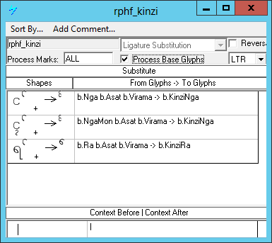 Screenshot of a dialog in Microsoft Volt for specifying ligature glyph substitutions. Glyph sequences with certain consonants plus Asat plus virama are substituted by kinzi forms for those consonants.