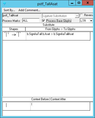 Screenshot of a dialog in Microsoft Volt for specifying ligature glyph substitutions. The sequence of vowel sign tall A A plus asat is being substituted by a ligature tall AA asat glyph.