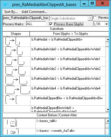 Screenshot of a dialog in Microsoft Volt for specifying single glyph substitutions. Variants of the pre-base medial Ra glyph are substituted by alternate width variants for each glyph. Certain glyph sequences are specified as following contexts.