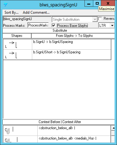 Screenshot of a dialog in Microsoft Volt for specifying single glyph substitutions. Variants of certain below base glyphs are substituted. Certain glyph sequences are specified as preceding contexts.