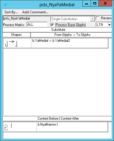 Screenshot of a dialog in Microsoft Volt for specifying single glyph substitutions. One variant of the post-base medial Ya glyph is being substituted by alternate variant. A particular glyph variant of letter Nya is specified as following contexts.