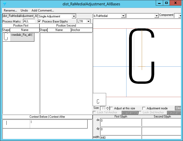 Screenshot of a dialog in Microsoft VOLT for specifying positioning adjustments. Single adjustment is selected as the lookup type. A medial Ra glyph is shown with its advance width being increased.