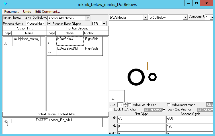 Screenshot of a dialog in Microsoft VOLT for specifying positioning adjustments. Anchor attachment is selected as the lookup type. A mark glyph is shown positioned next to another mark glyph using an anchor point.